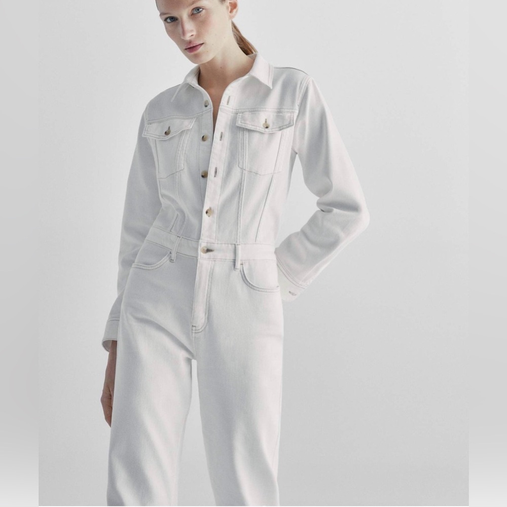 MASSIMO DUTTI STRAIGHT FIT CREAM DENIM JUMPSUIT WITH TOPSTITCHING WOMENS LARGE